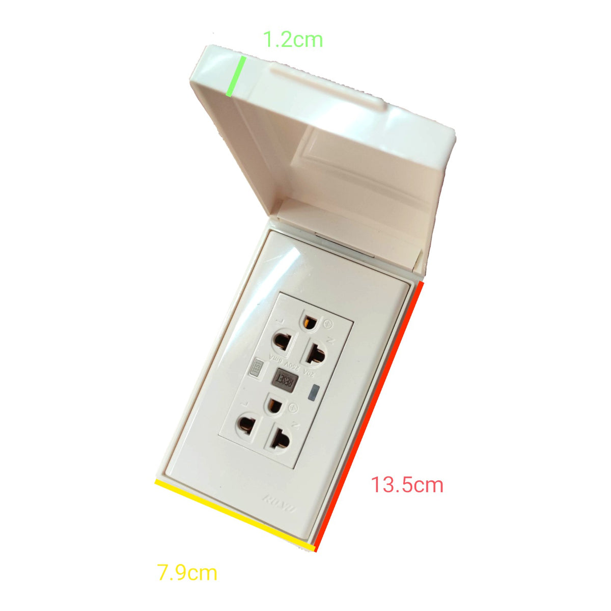 A white plastic wall outlet cover shown open on a white background, with green and red dimension labels indicating measurements of 1.2cm, 13.