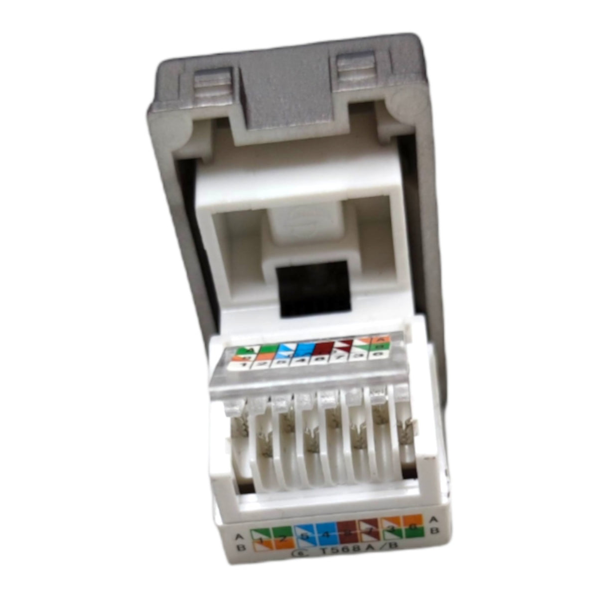 RJ45 network module with 8-pin connector, showing the internal wiring and colored pin labels on a white background.