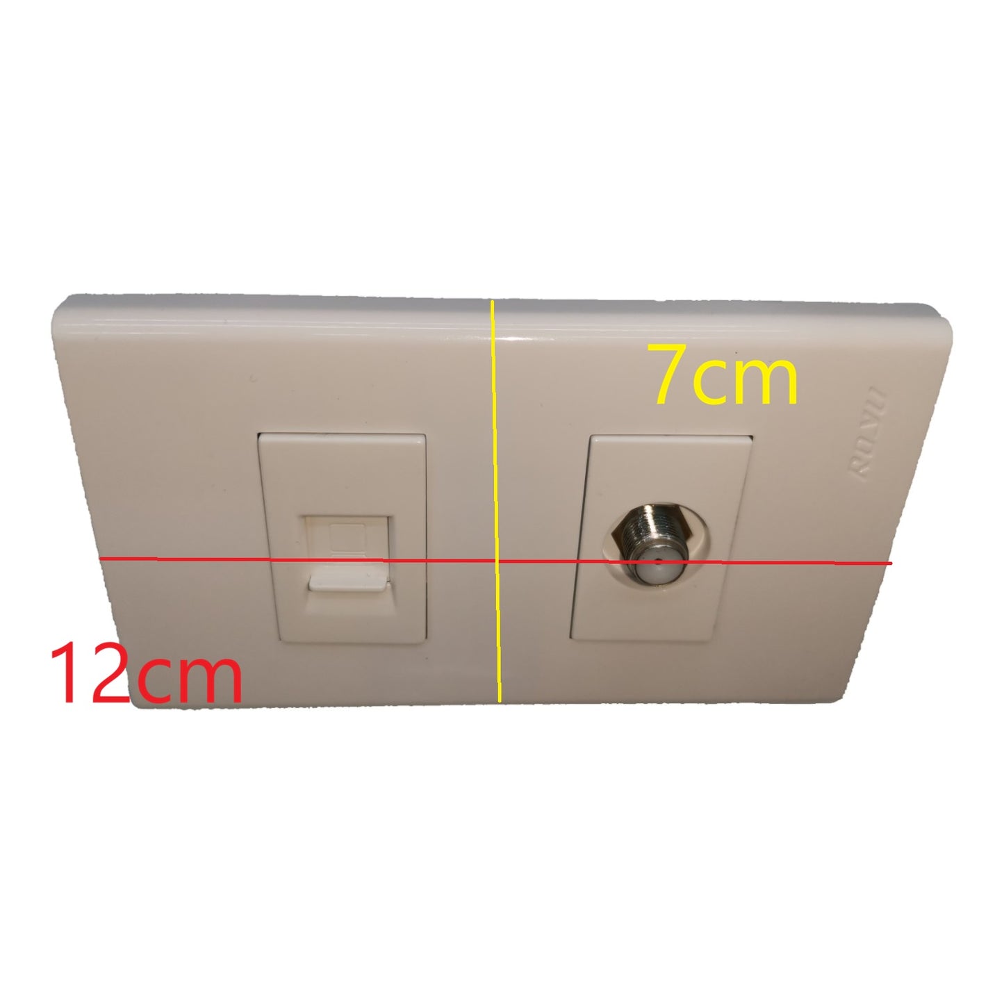 A white wall switch plate with a light switch and a round outlet cover, overlaid with red, yellow, and green measurement lines and text indicating dimensions of 12cm, 7cm, and 10cm.