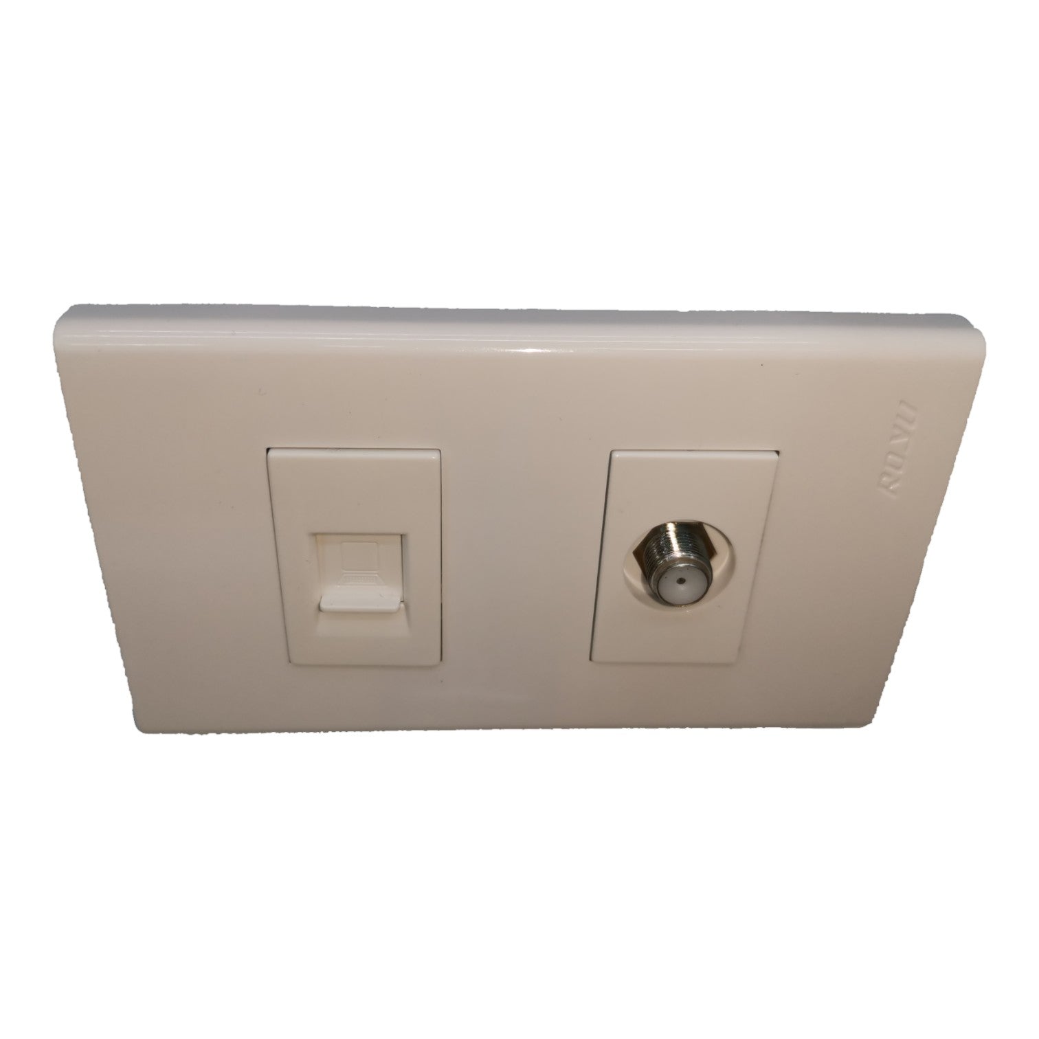 A dual-gang wall switch plate featuring a white rocker switch on the left and a silver push-button socket on the right, set against a plain white background.