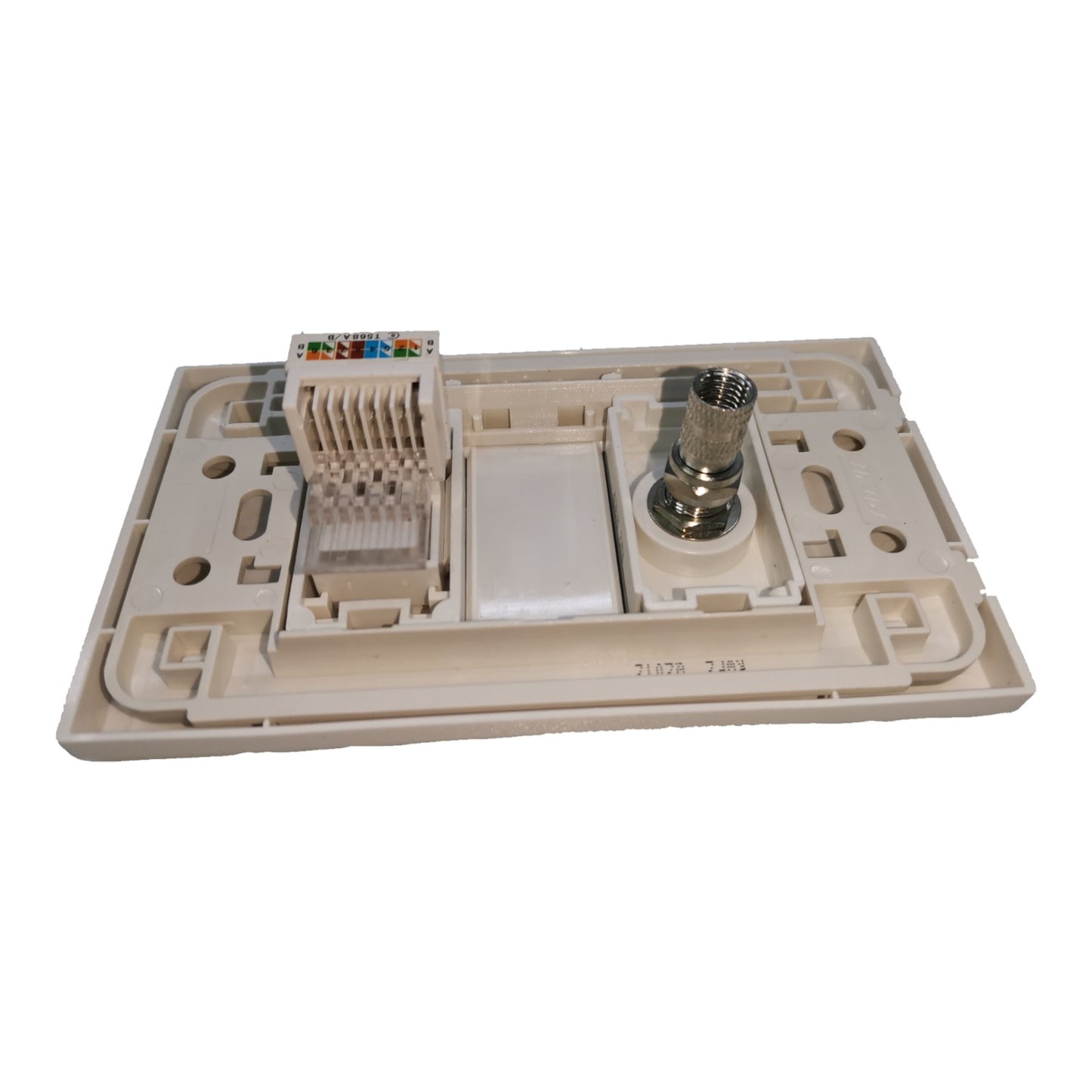 A beige plastic network jack cover plate with a RJ45 port, a metal coaxial connector, and a white plastic insert, shown on a white background.