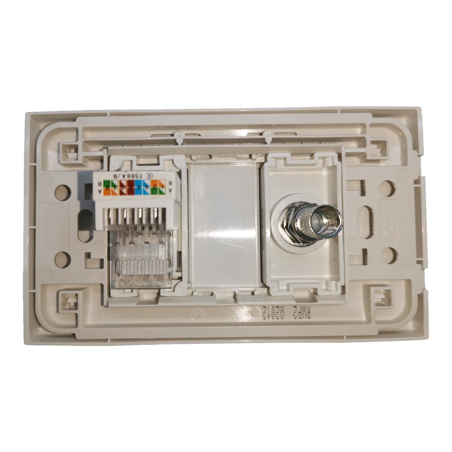 An RJ45 network module with a 10/100 Mbps Ethernet port, shown from the back with its beige plastic housing and internal components visible against a white background.