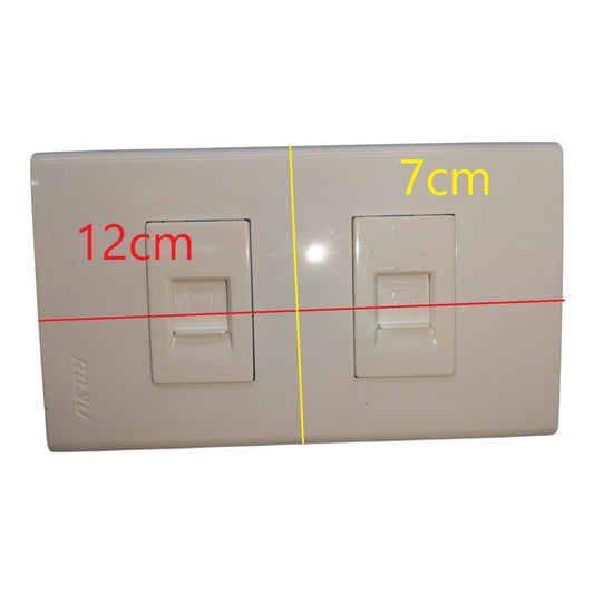 A dual RJ45 network jack wall plate shown with overlaid dimension markings: red text reading 12cm, yellow text reading 7cm, and measurement lines crossing the plate to indicate size.