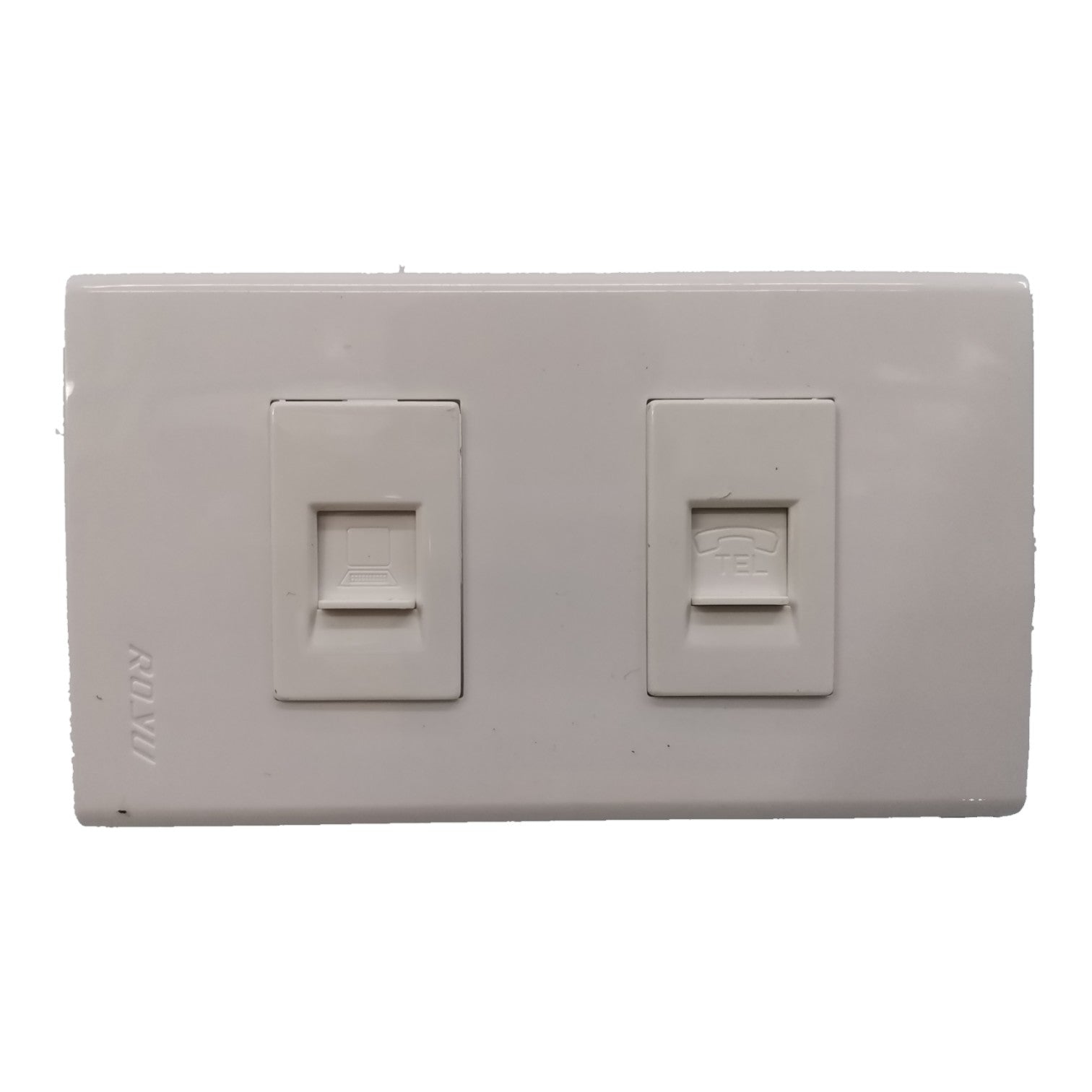 A dual RJ45 network wall switch plate cover in a light gray plastic finish, shown against a plain white background.