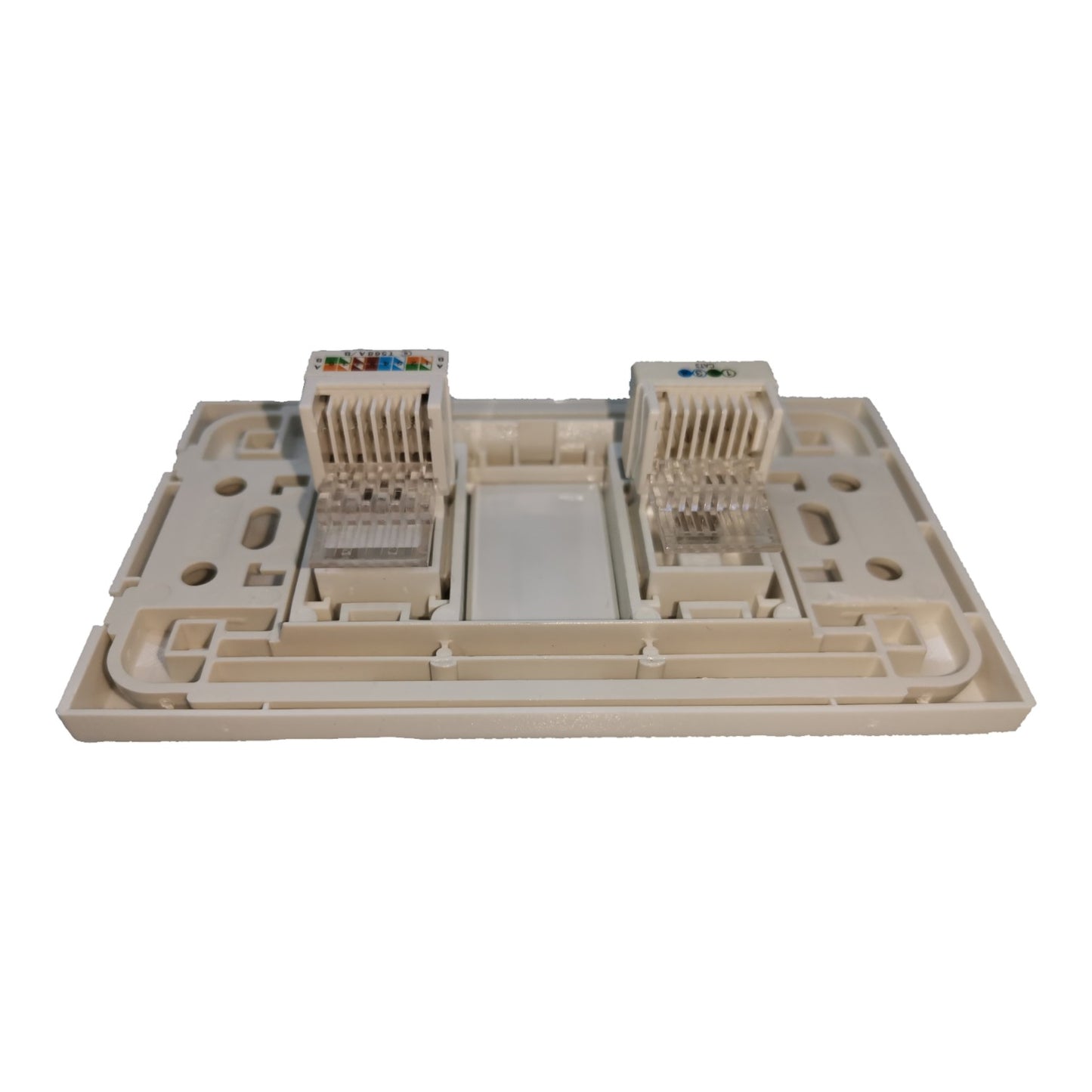 A beige plastic RJ45 network patch panel connector block with two 8-port modular connectors on a plain white background.
