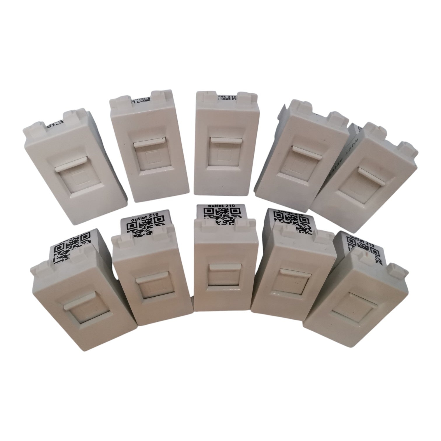 Ten white plastic RJ45 network module connectors arranged in two rows on a plain white background.