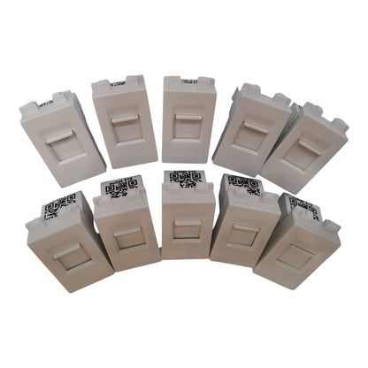 Ten white plastic RJ45 network module connectors arranged in two rows on a plain white background.