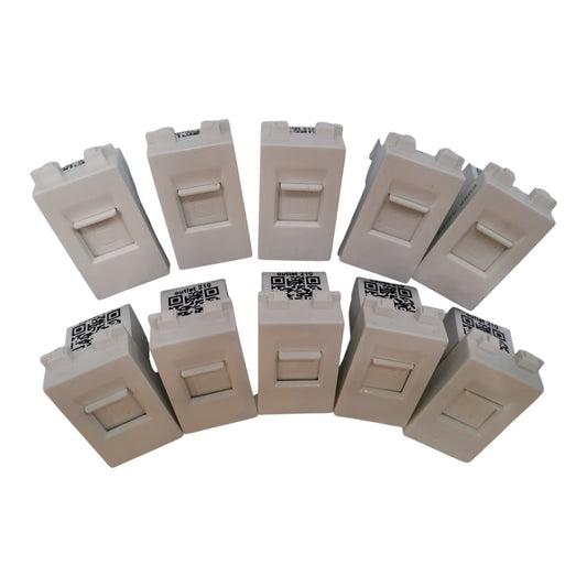 Ten white plastic RJ45 network module connectors arranged in two rows on a plain white background.