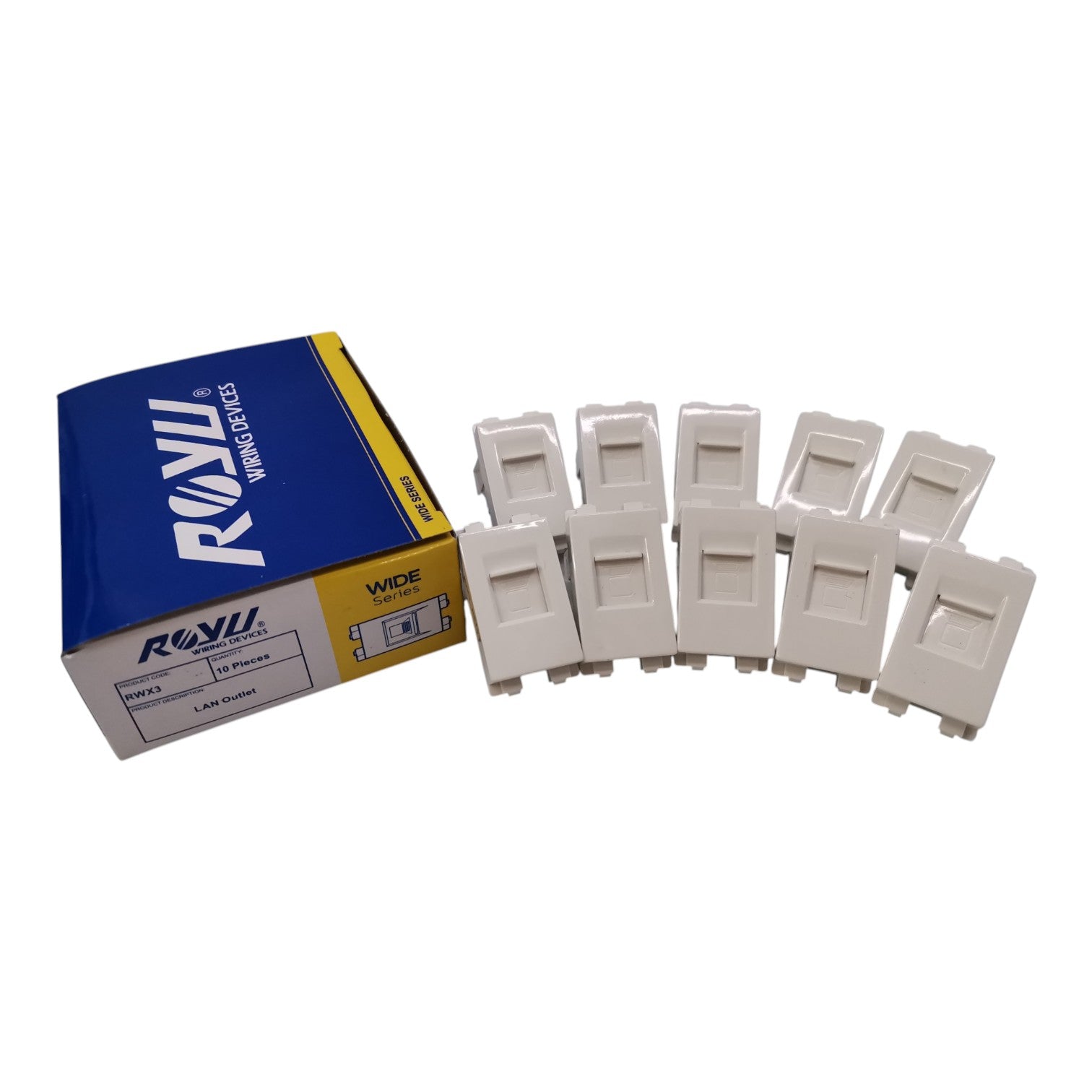 A box of ROVI RJ45 Wide modular network interface modules next to eight white plastic RJ45 connectors arranged in two rows on a white background.