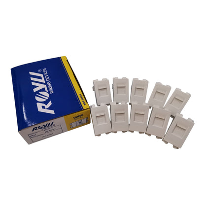 A box of ROYU RJ45 10Base-T Ethernet network interface modules next to a row of ten white plastic modular jack modules on a white background.