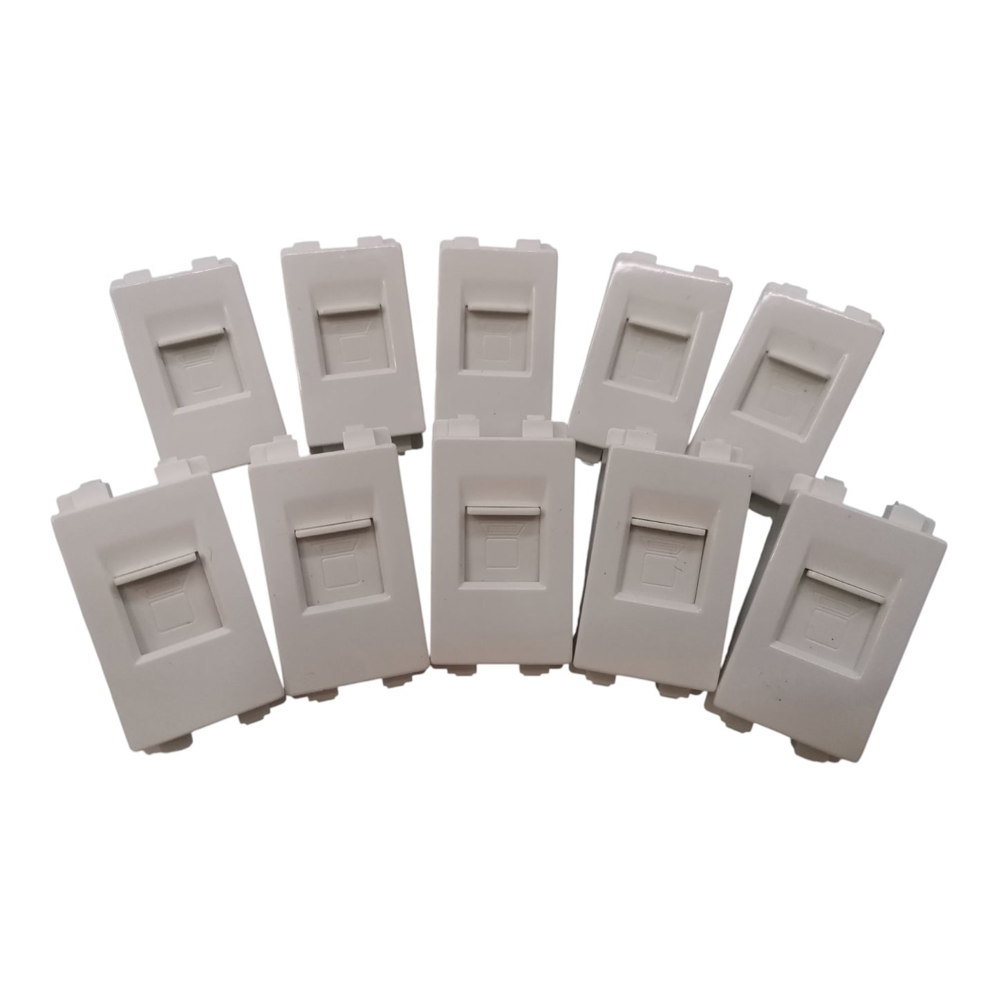 Eight white plastic RJ45 network jack connectors arranged in two rows on a plain white background.
