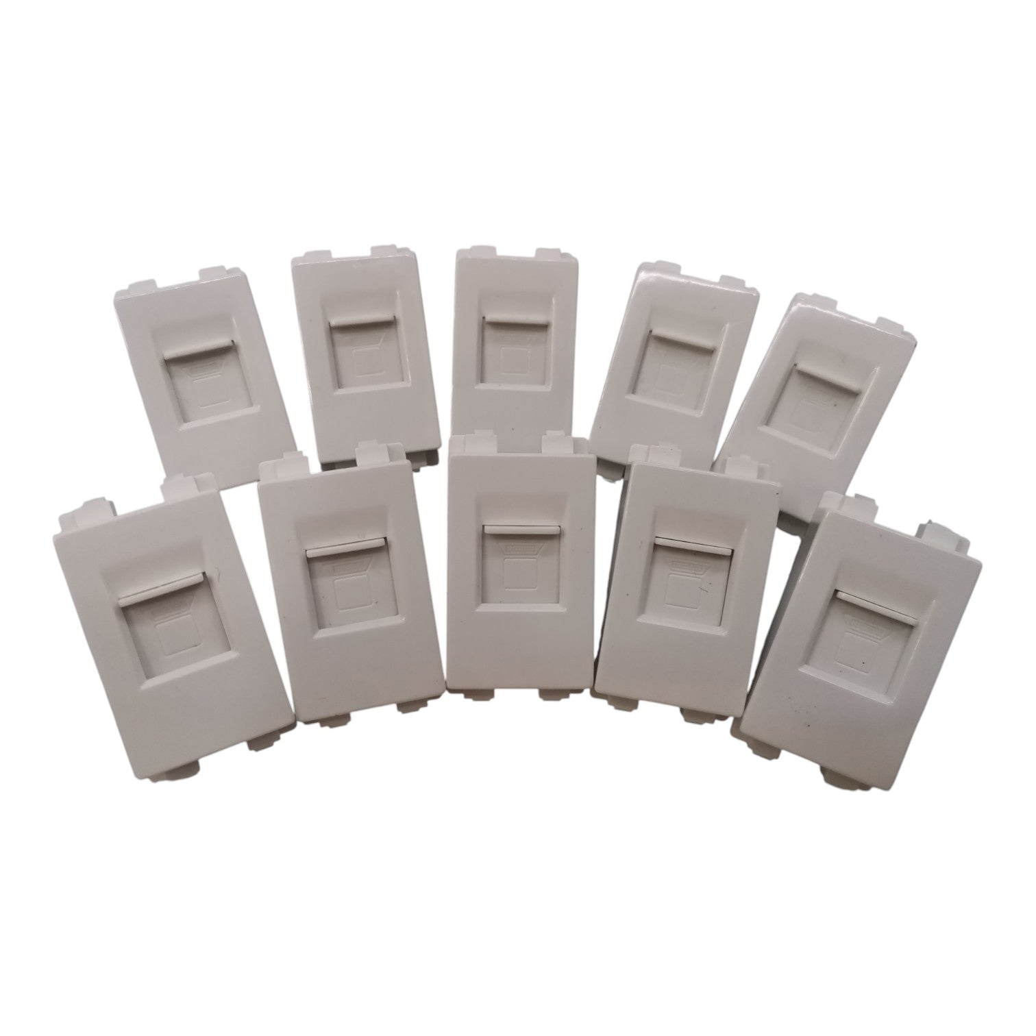 Eight white plastic RJ45 network jack connectors arranged in two rows on a plain white background.