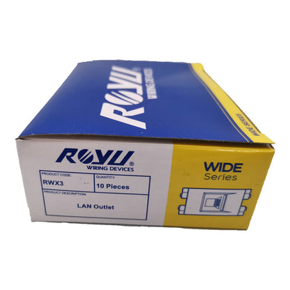 A box of ROWU WIDE Series RWX3 LAN Outlet components, containing 10 pieces. The packaging is blue, white, and yellow, with the brand name 'ROWU' prominently displayed.