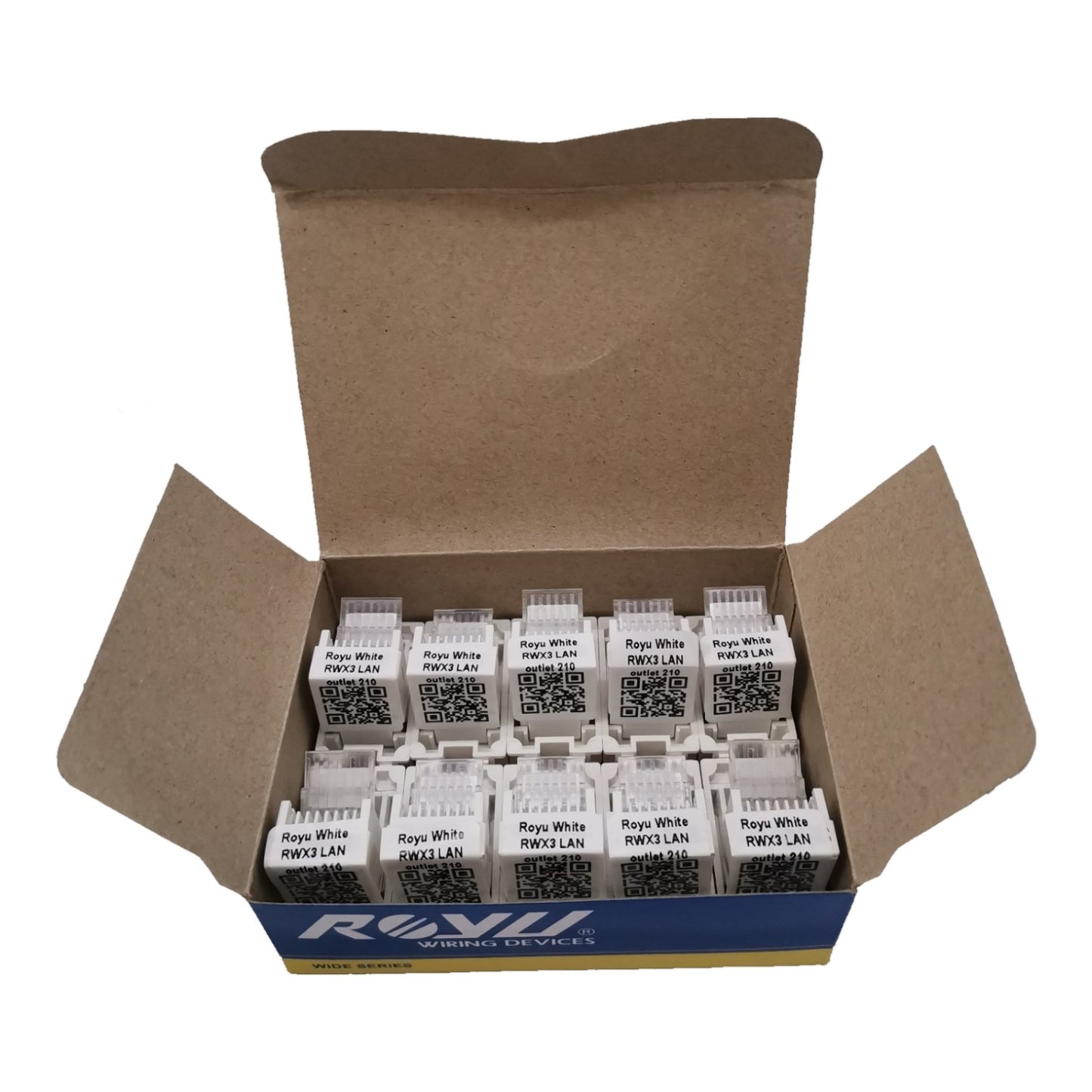 An open brown cardboard box containing multiple white RJ45 network switches labeled 'Rays White RK03 LAN' on a plain white background.