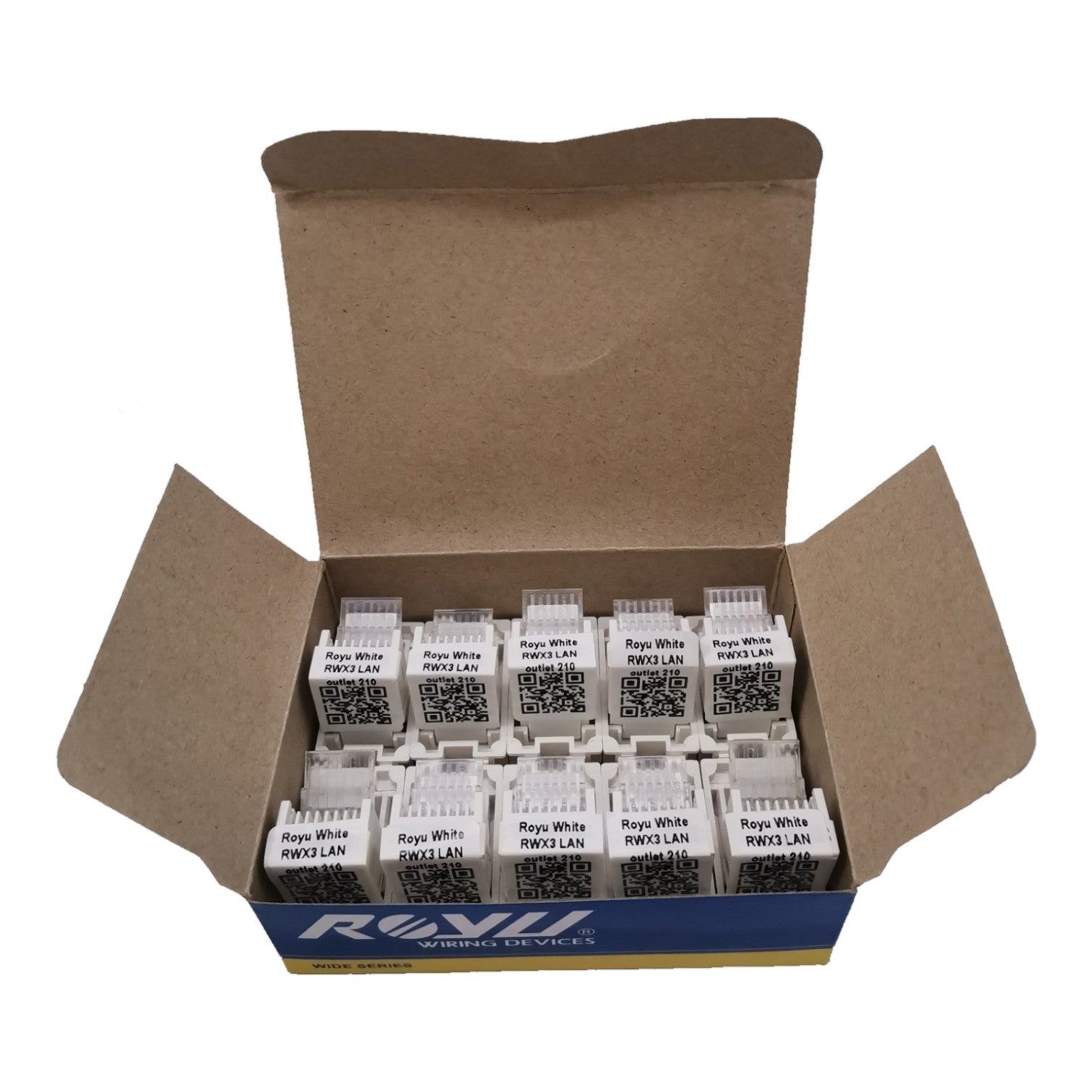 An open brown cardboard box containing multiple white RJ45 network switches labeled 'Rays White RK03 LAN' on a plain white background.