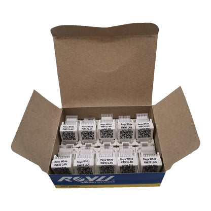 An open brown cardboard box containing multiple white RJ45 network switches labeled 'Rays White RK03 LAN' on a plain white background.