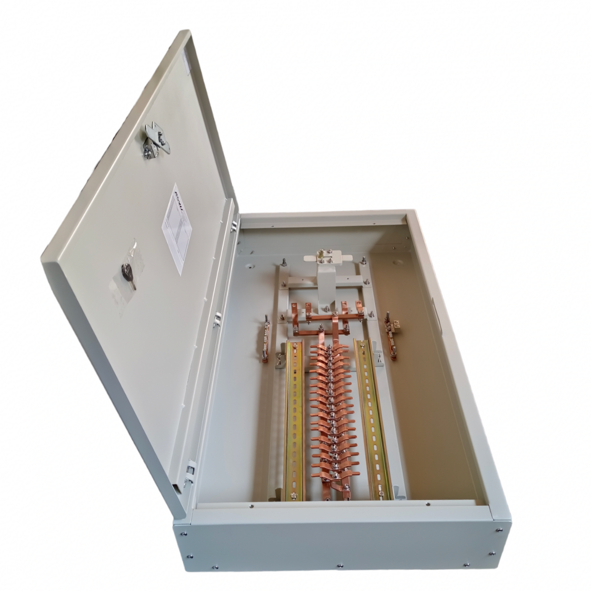 Royu MTS Main MCCB 125AF 2pole Panel Board electrical circuitry with open metal enclosure