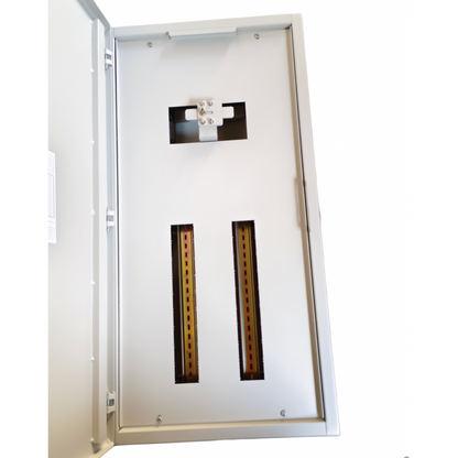 Royu MTS Main MCCB 125AF 2pole Panel Board with metal enclosure and open door showing internal slots
