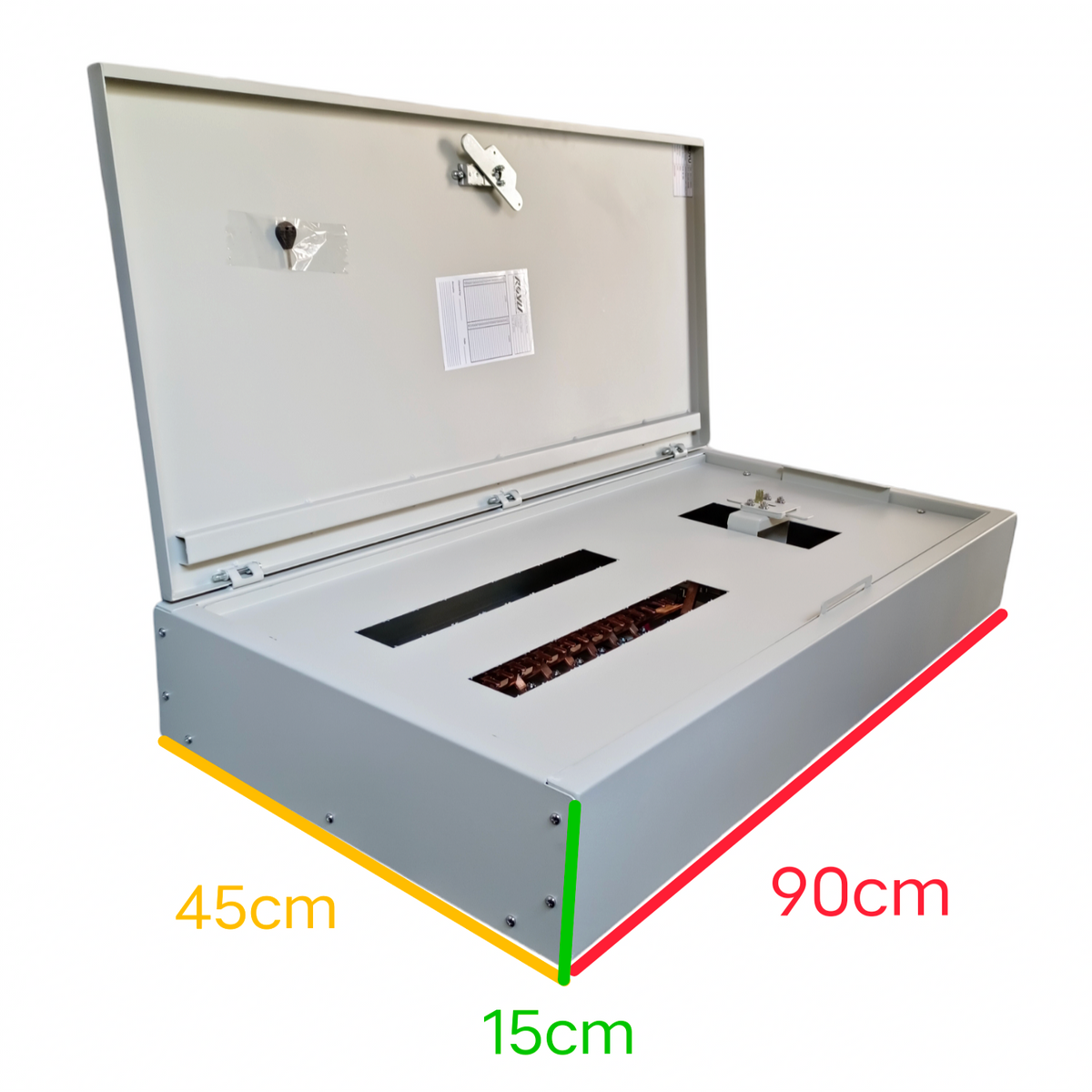 Royu MTS Main MCCB 125AF 2pole Panel Board gray electrical circuitry panel with open lid and dimensions
