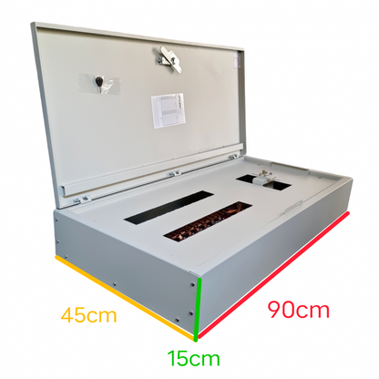 Royu MTS Main MCCB 125AF 2pole Panel Board gray electrical circuitry panel with open lid and dimensions