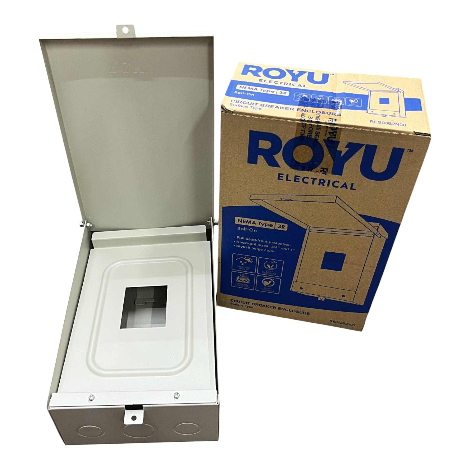 Electrical box with Royu Electrical packaging on a white background