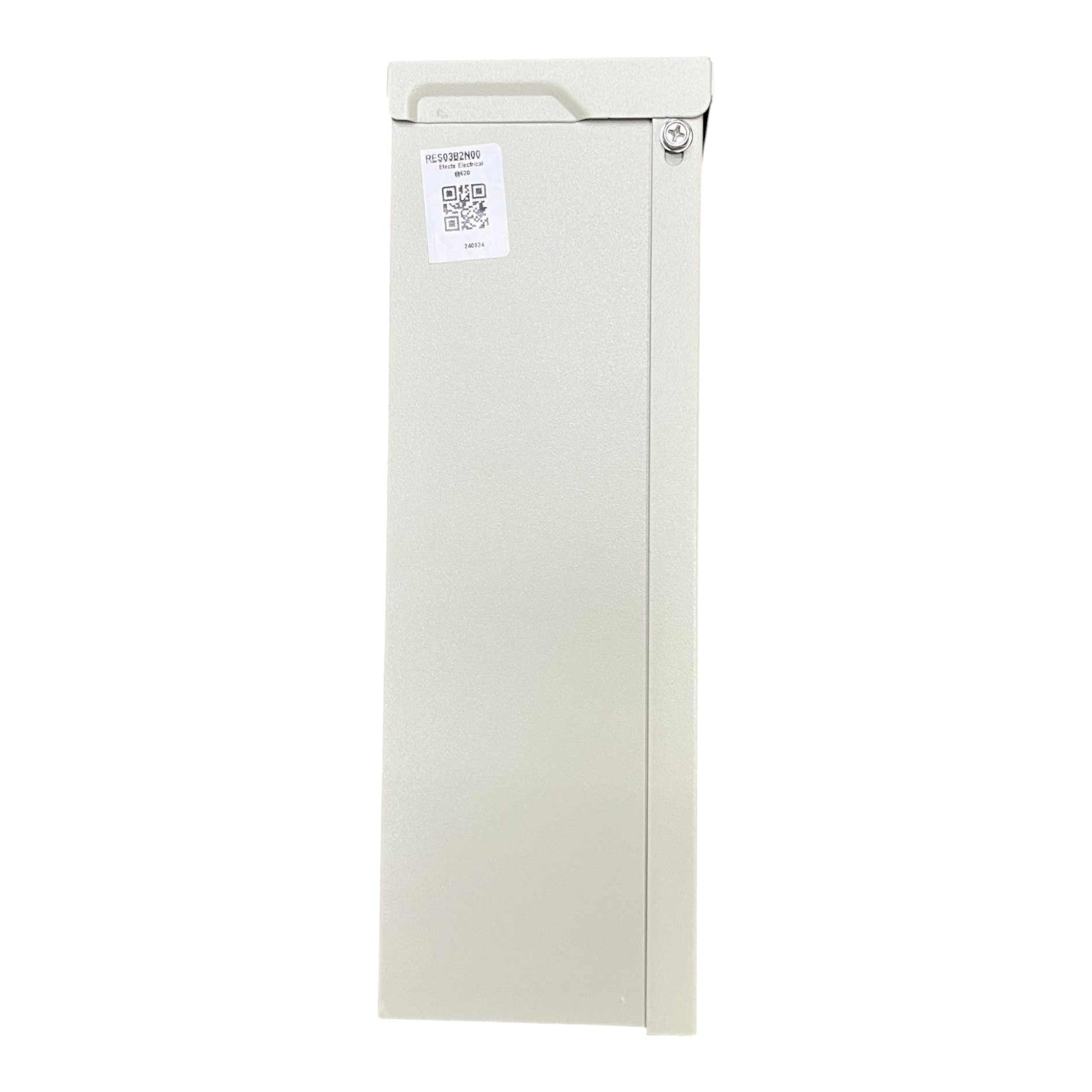 White vertical rectangular box with a label on a white background