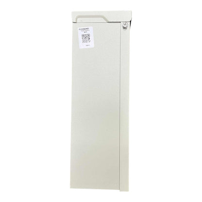 White vertical rectangular box with a label on a white background