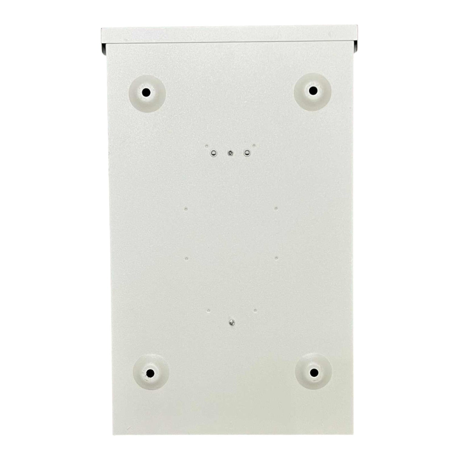 White rectangular wall-mounted box with circular holes on a white background