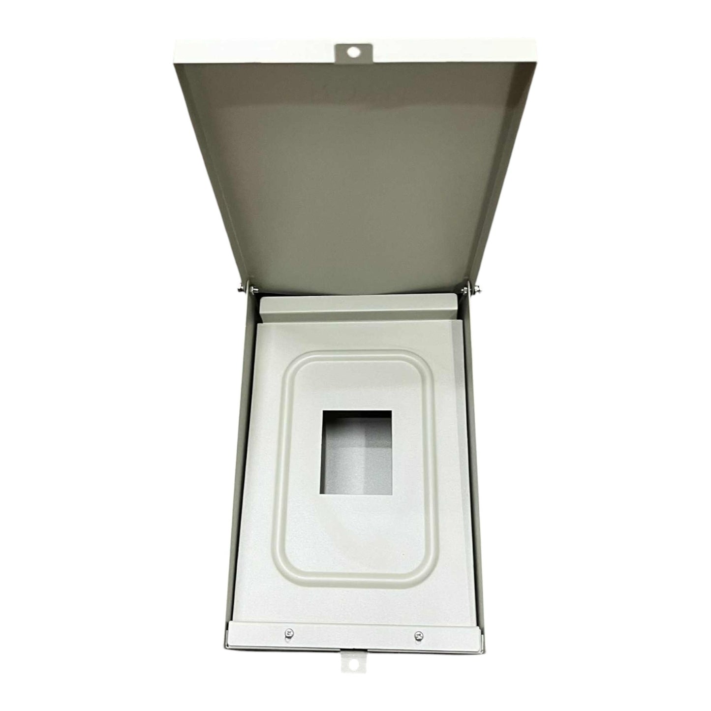 Metallic electrical junction box with open lid on a white background