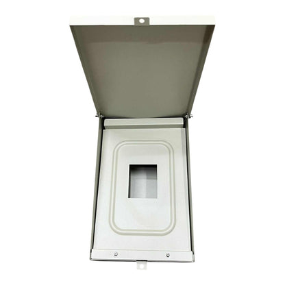 Metallic electrical junction box with open lid on a white background