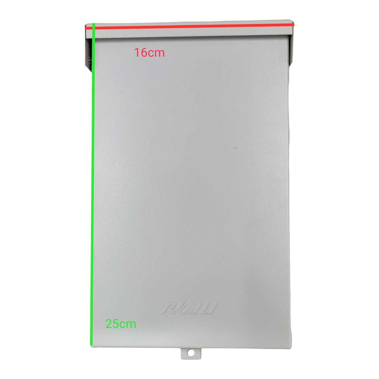 Metal box with dimensions labeled on a white background