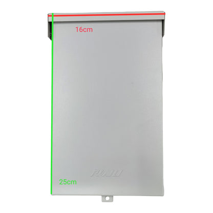 Metal box with dimensions labeled on a white background