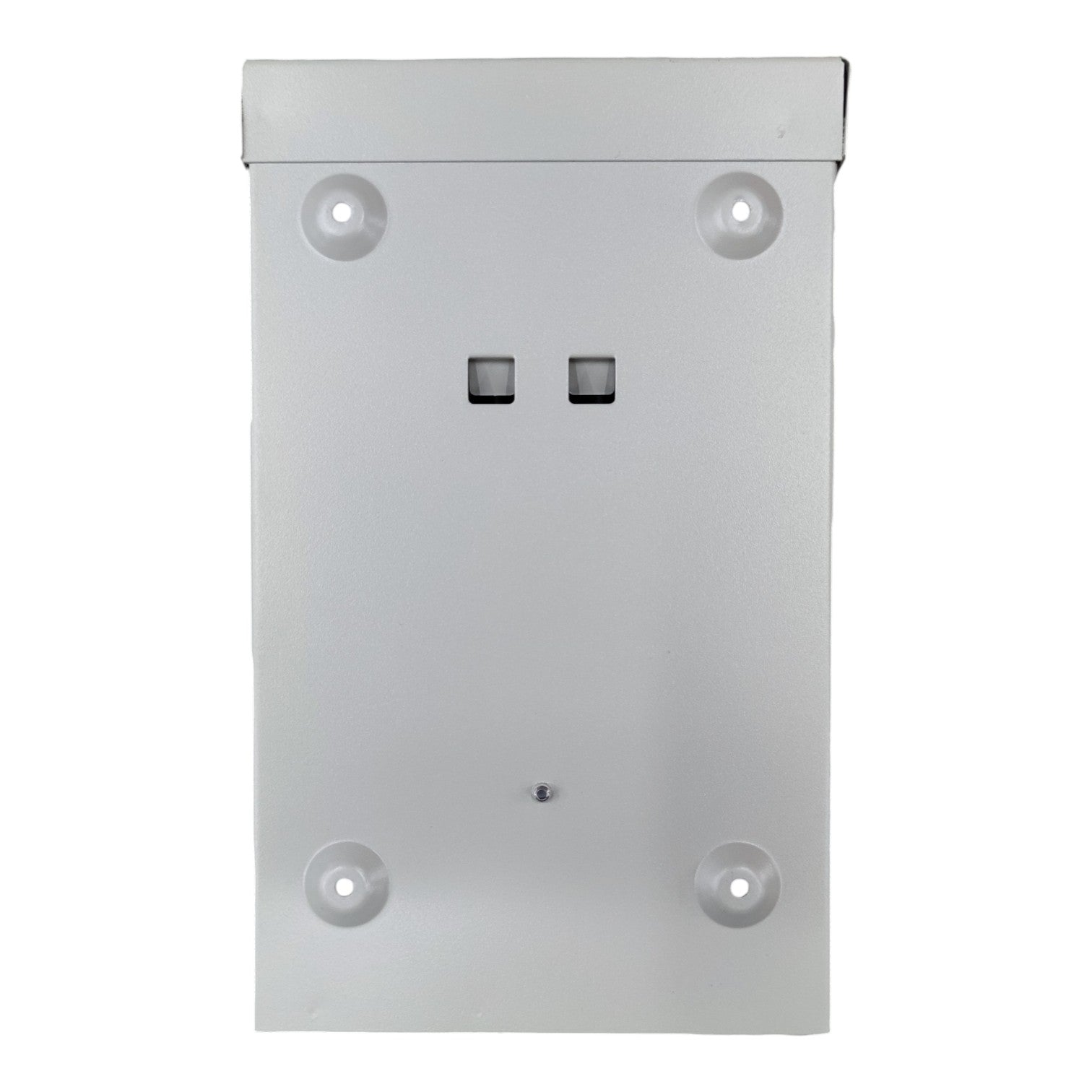 Metallic rectangular box with circular holes on a white background