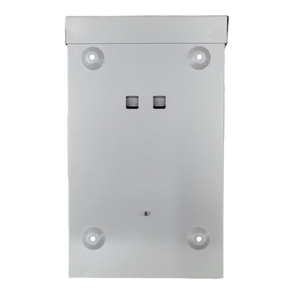Metallic rectangular box with circular holes on a white background