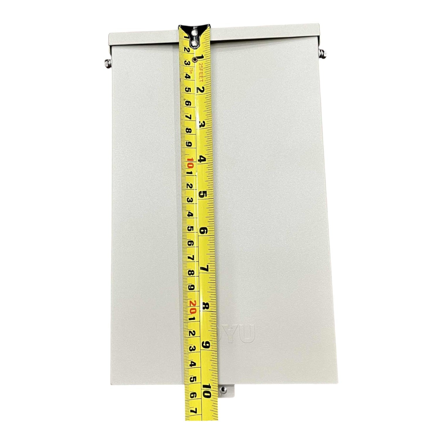 White panel with a yellow measuring tape on a white background