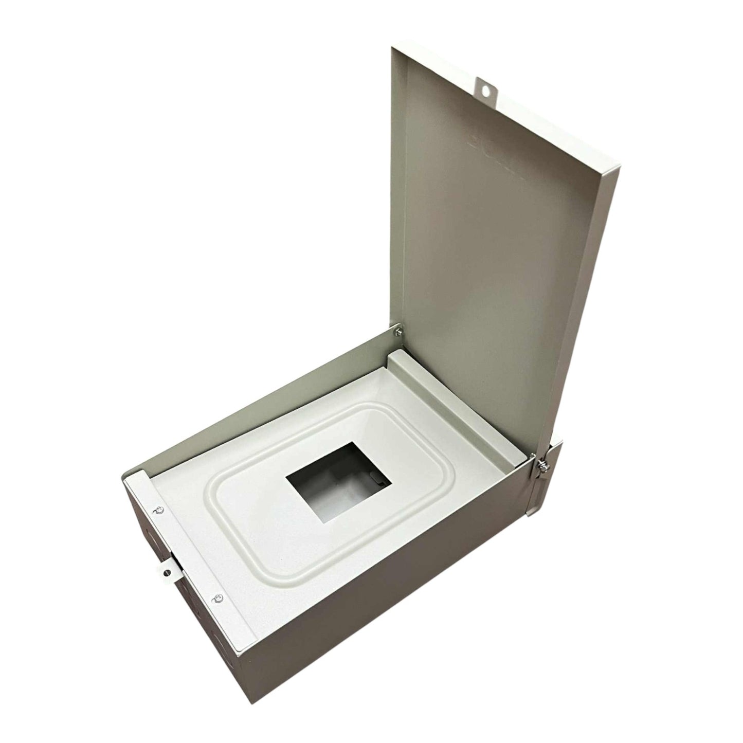Metallic box with a white interior and black square on a white background