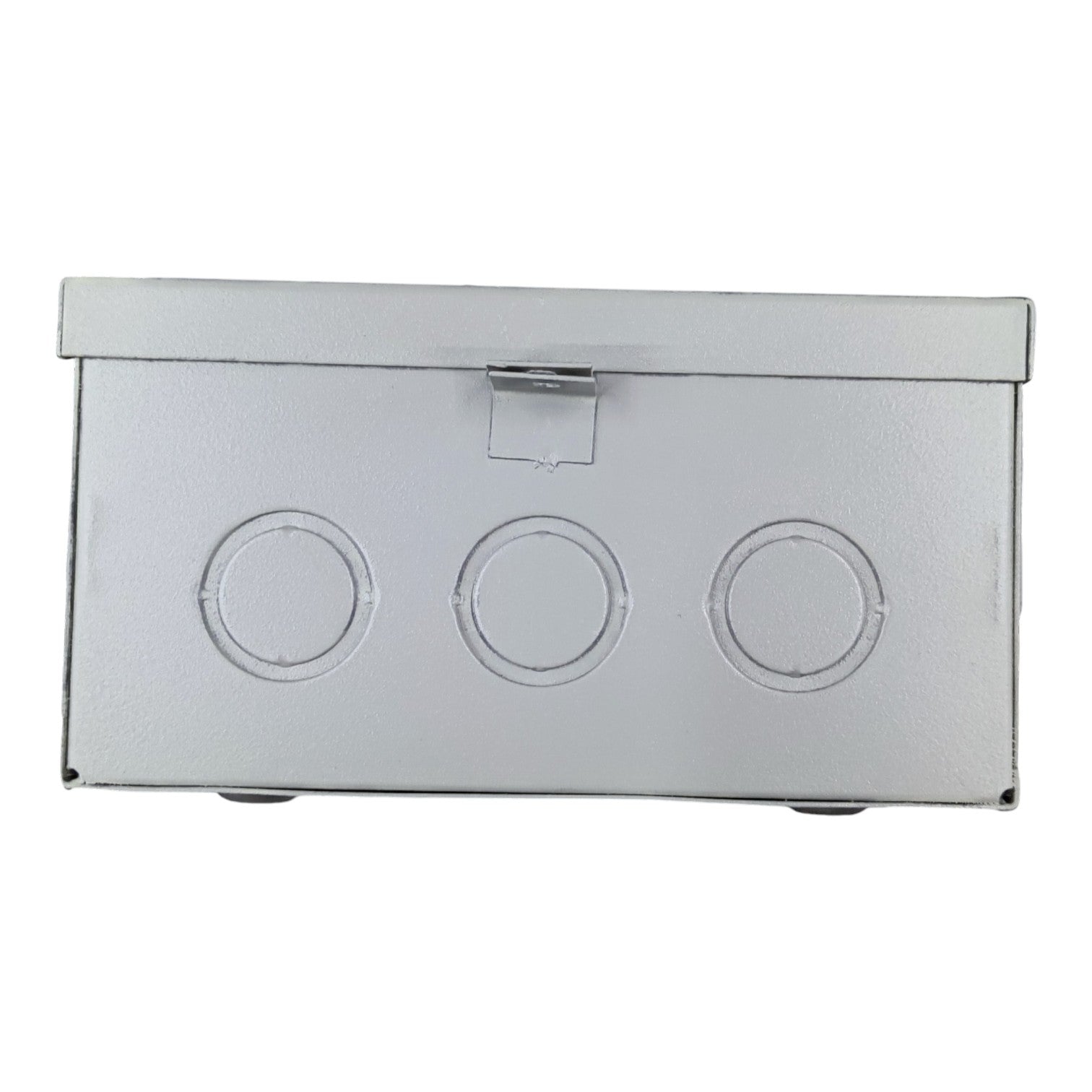 Metallic rectangular box with three circular indentations on a white background