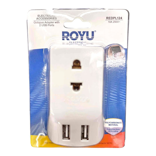 A white Royu electrician accessories octopus adapter with two USB ports, in its original blister pack packaging.