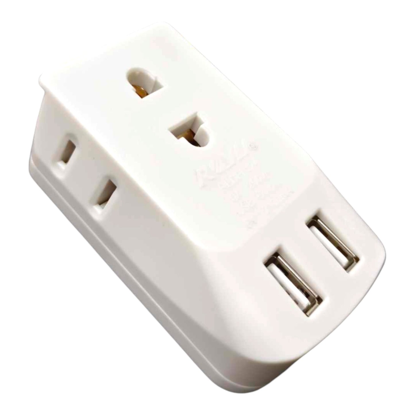 A white plastic multi-port power adapter plug with two USB-A ports on one end and a standard US outlet on the other, shown on a plain white background.