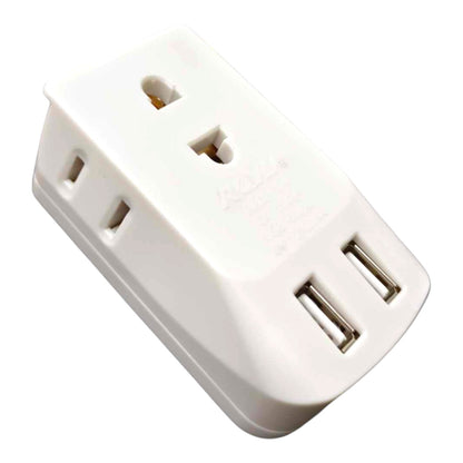 A white plastic multi-port power adapter plug with two USB-A ports on one end and a standard US outlet on the other, shown on a plain white background.