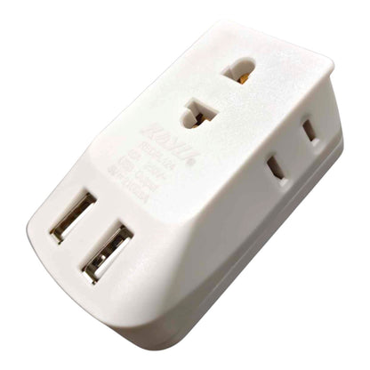 A white multi-port USB charger plug adapter with two USB-A ports on the front and two USB-C ports on the side, shown on a plain white background.