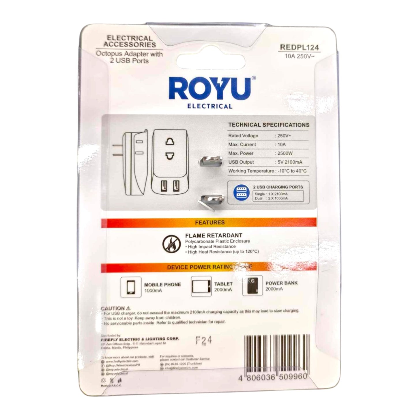 ROYU Electrical Redpl124 Octopus Adapter with 2 USB Ports, in its original retail blister packaging. The package features a white and silver backing card with blue and orange text detailing the product's technical specifications, features, and device power ratings.
