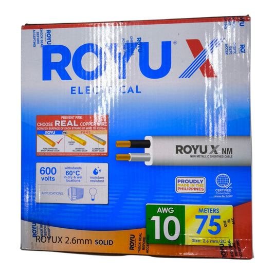 A box of ROYUX NM 10 AWG solid copper wire, featuring a blue and white design with red and orange accents, and product specifications printed on the front.