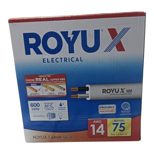 A box of Royux Electrical ROYUX NM 1.6mm solid 14 AWG copper wire, featuring a white and blue packaging design with red and yellow accents.