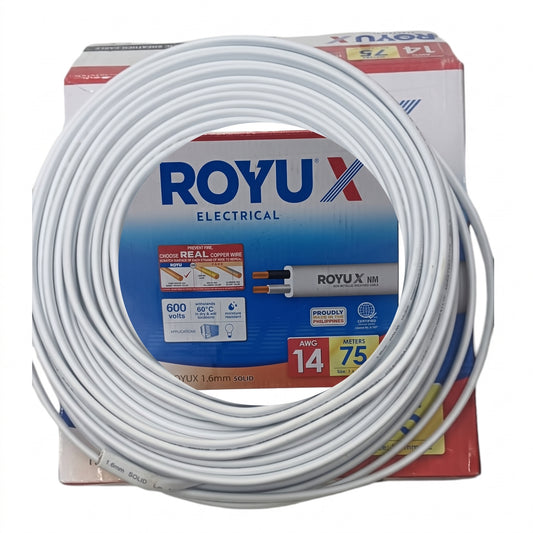 A coil of white ROYU X electrical wire wrapped around its retail cardboard box, photographed on a plain white background.