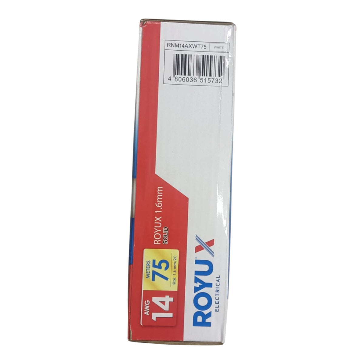 A tall rectangular box of Royux Electrical AWG 14 Gauge wire, featuring a white, red, and blue color scheme with a yellow sticker indicating 75 meters.