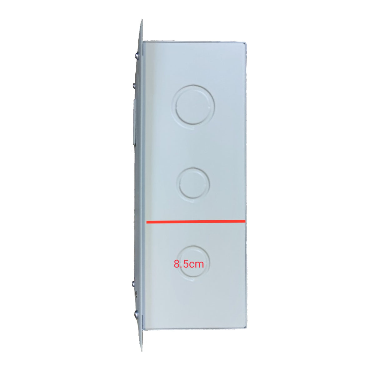 A white rectangular wall switch panel with three circular button sockets and a red horizontal line across the center, plus red text reading 8.5cm indicating width.