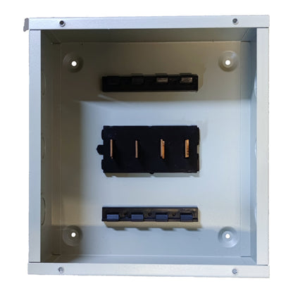 An open white metal electrical junction box showing internal terminal blocks and bus bars on a plain white background.