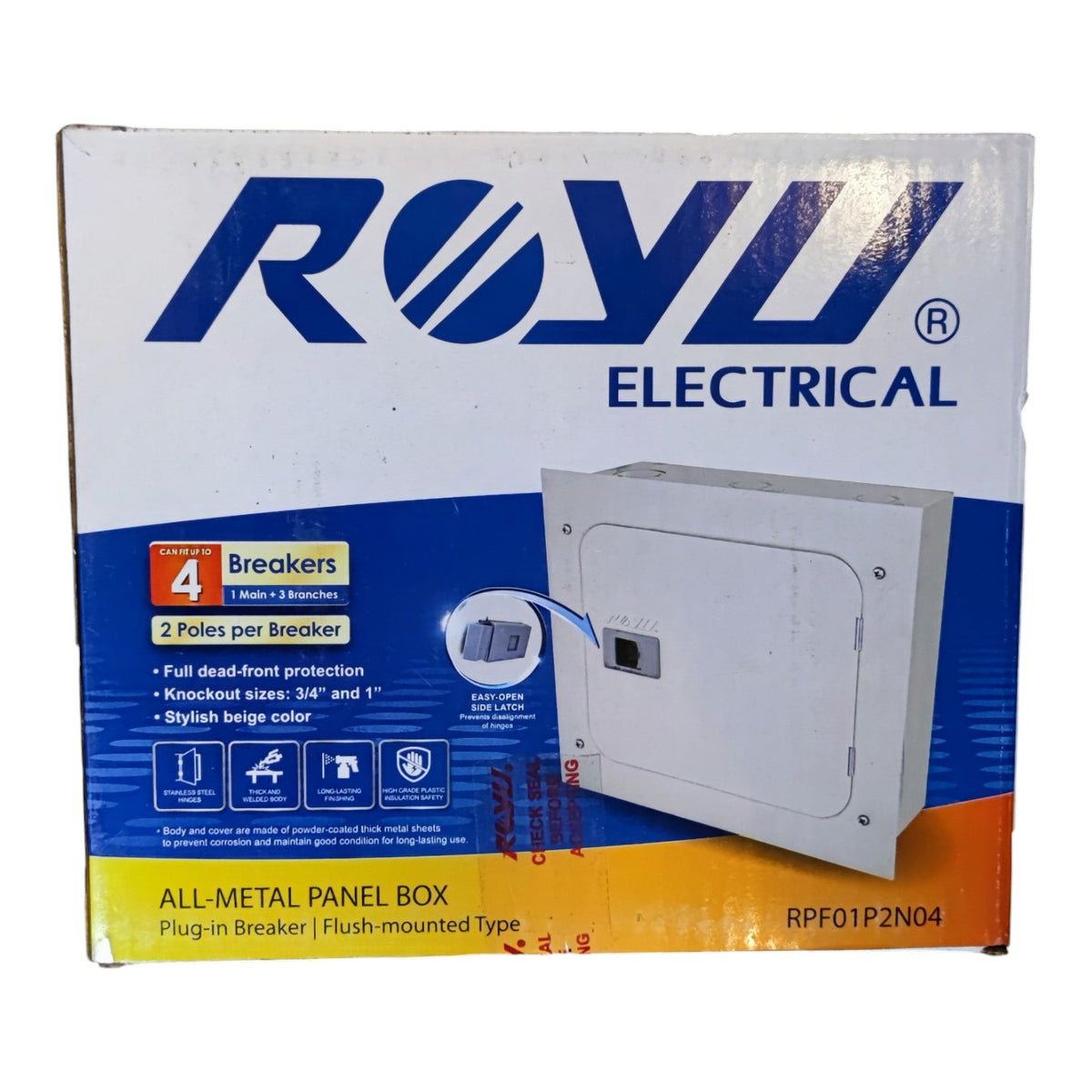 A boxed ROYU Electrical 4 Breakers 2 Pole Plug-in Breaker panel box, shown from the front of its retail packaging on a plain white background.