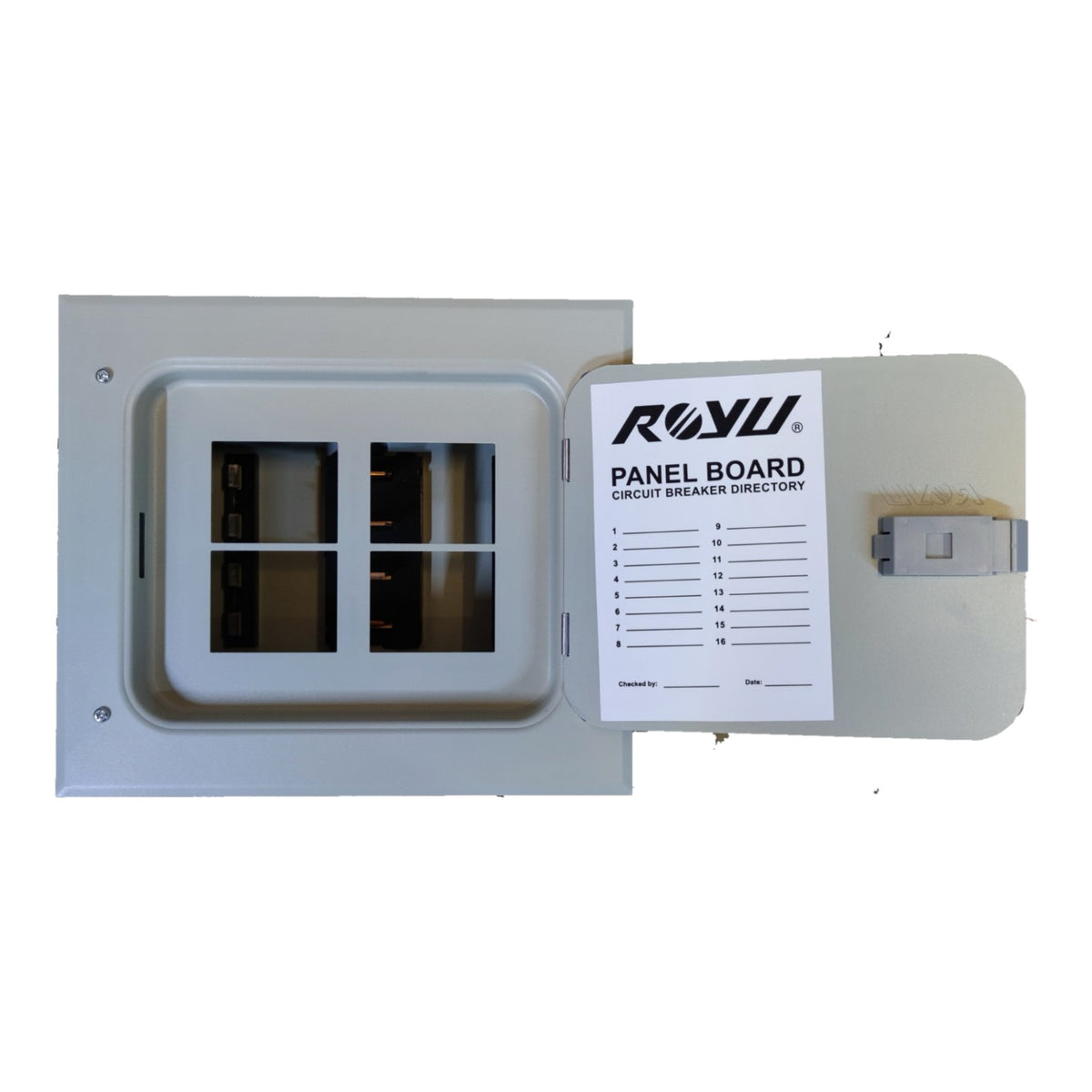 A gray electrical panel board with its door open, showing internal bus bars and a white printed panel board directory card on the right side.